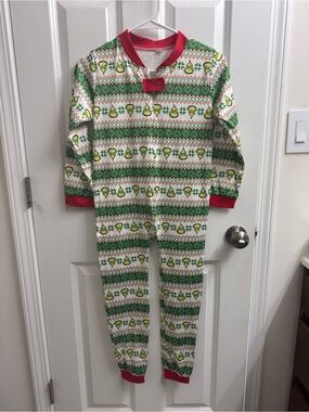 Grinch Kids Holiday One-Piece Union Suit Pajamas - Green & White Pattern